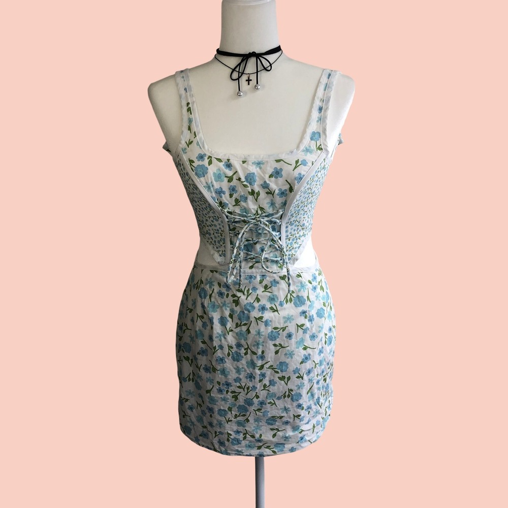 SABO SKIRT Blue Floral Lace Up Corset Cutout Mini Dress Size XS Coquette Summer